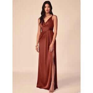 NWT Azazie Aqua Stretch Satin Dress Terracotta A-Line V-Neck Pleated Size A6